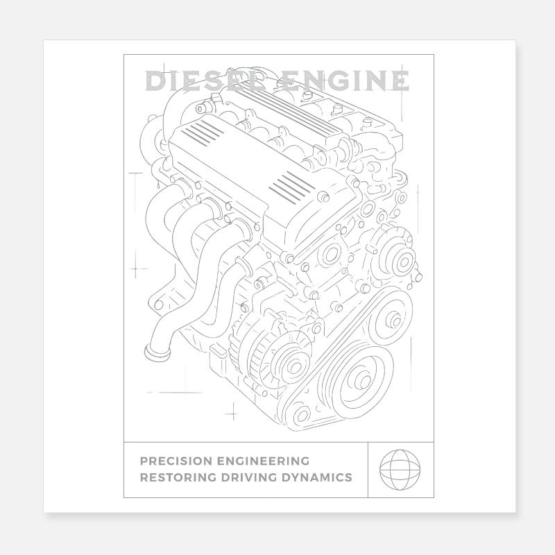 Diesel Engine Blueprint Poster 8" x 8" (20x20 cm)