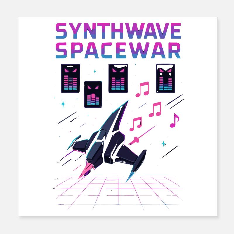 SYNTHWAVE SPACEWAR Retro Neon 80er Jahre Raumschiff Poster 20x20 cm