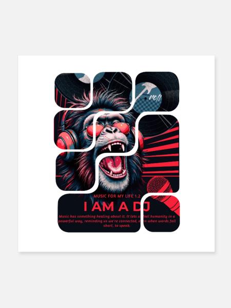 DJ Affe mit Kopfhörern Neon Design - Poster 20x20 cm - Weiß