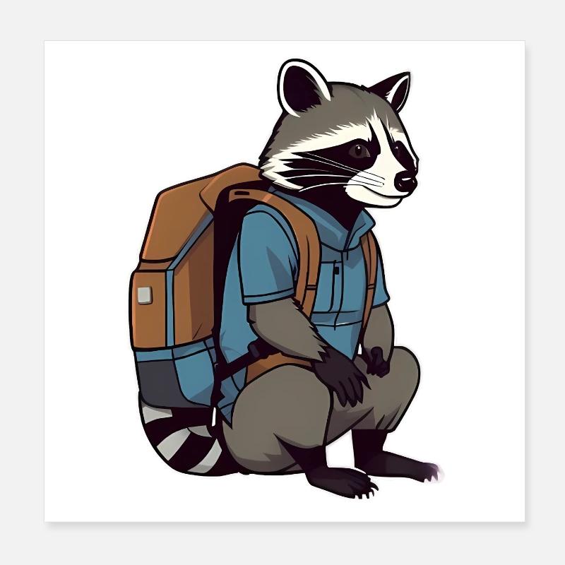 Raton laveur errant avec sac à dos Poster 20 x 20 cm