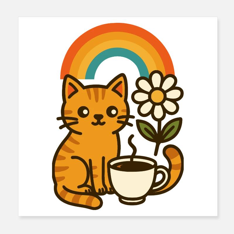 Kaffee, Katze und Regenbogen Poster 20x20 cm