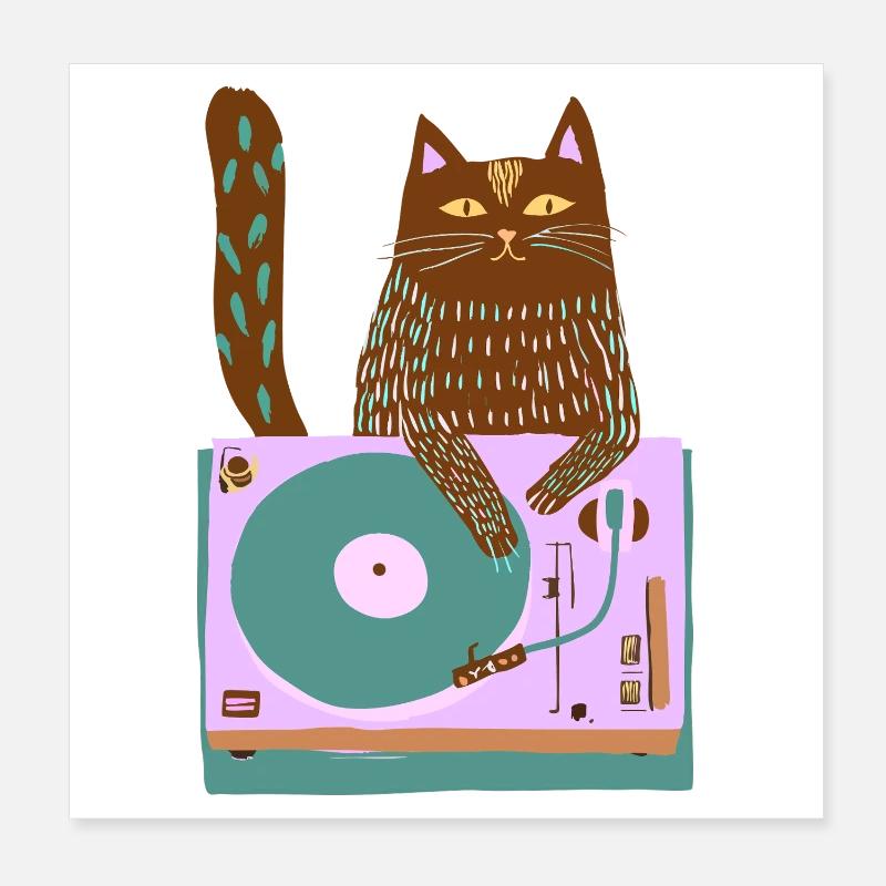 Cat DJ sur une platine rétro Poster 20 x 20 cm