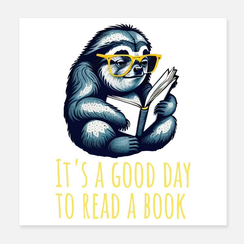 Faultier liest ein Buch, lesen, Bücher, Bibliothek Poster 20x20 cm