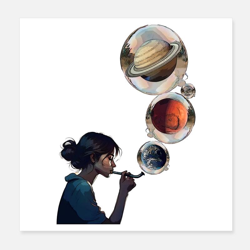 Kontemplative Frau mit kosmischen Planeten Poster 20x20 cm