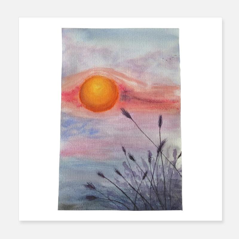 coucher de soleil sur prairie fleurs sauvages herbe blé Poster 20 x 20 cm