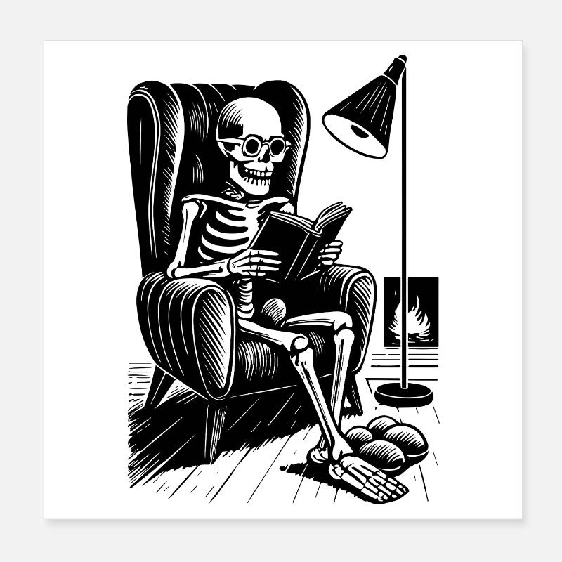 Lesendes Skelett im Lesesessel Poster 20x20 cm