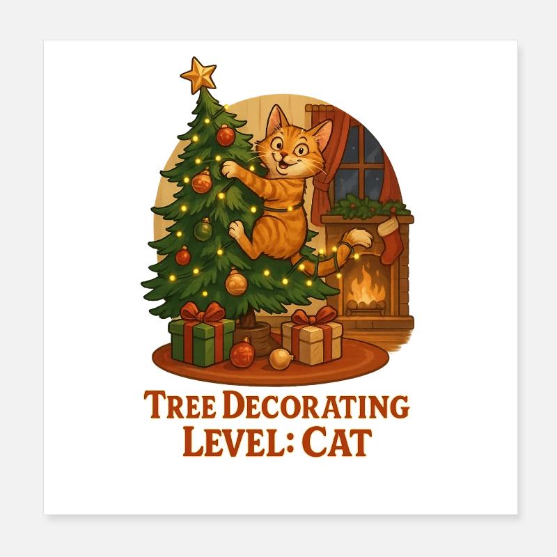 Cat decorates Christmas tree Poster 8" x 8" (20x20 cm)