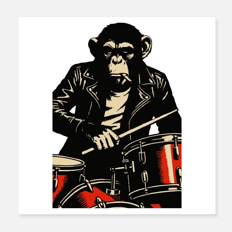 Chimp Drummer in Leather Jacket Poster 8" x 8" (20x20 cm)