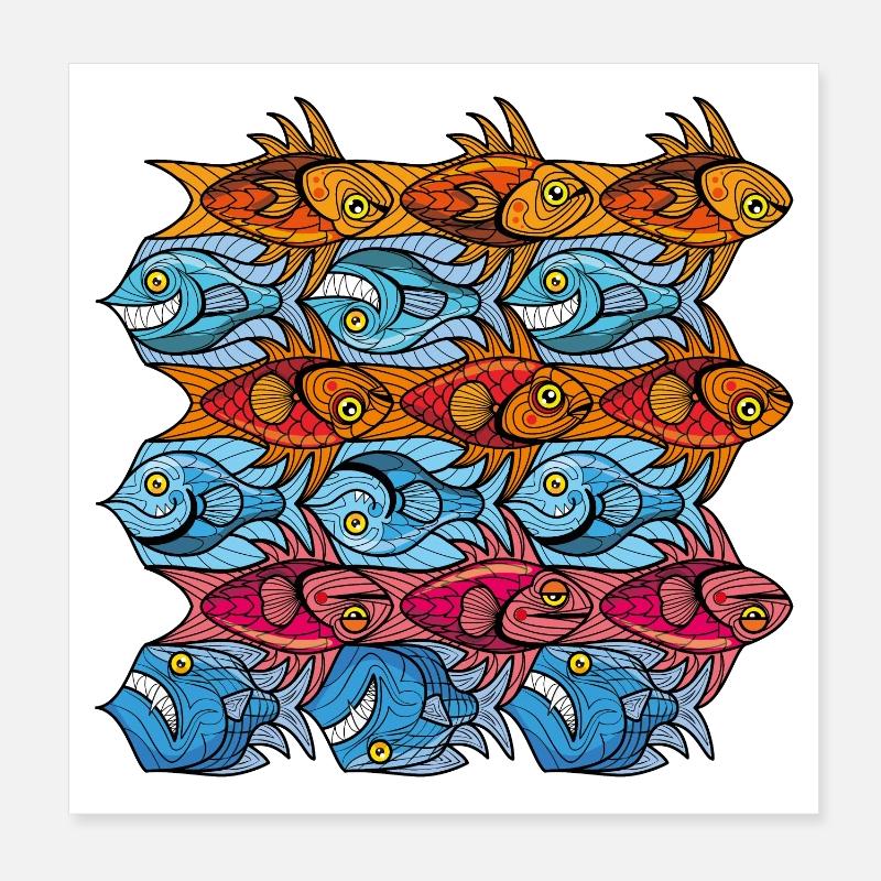 Escher-style Pisces tesselation in red blue Poster 8" x 8" (20x20 cm)