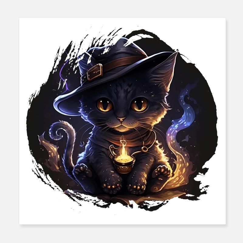 Mystical Witch Cat with Magic Hat Poster 8" x 8" (20x20 cm)