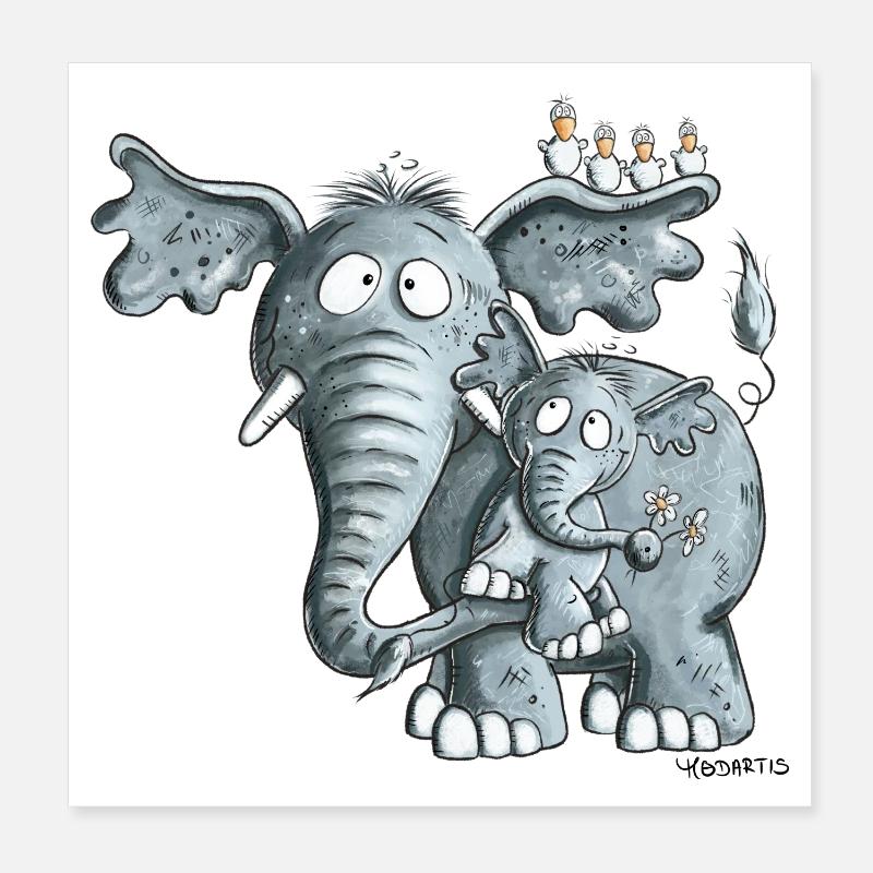 Maman éléphant et bébé éléphant Poster 20 x 20 cm
