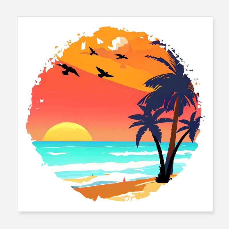 Aquarelle de plage de coucher de soleil d’été Poster 20 x 20 cm