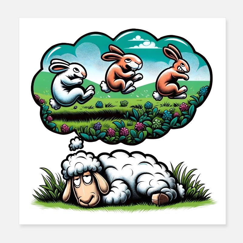 Sheep Counts Rabbits – Funny Sleep Humor Poster 8" x 8" (20x20 cm)