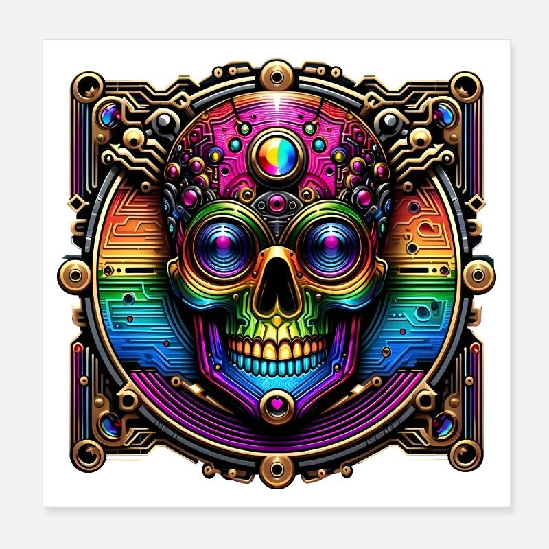 Cyberpunk Regenbogen Totenkopf Design - Poster 20x20 cm - Weiß