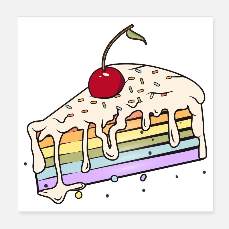 Morceau de gâteau arc-en-ciel avec cerise dans le style bande dessinée Poster 20 x 20 cm
