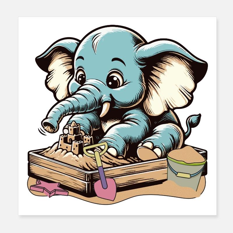 Cute Blue Cartoon Elephant in Sandbox Poster 8" x 8" (20x20 cm)