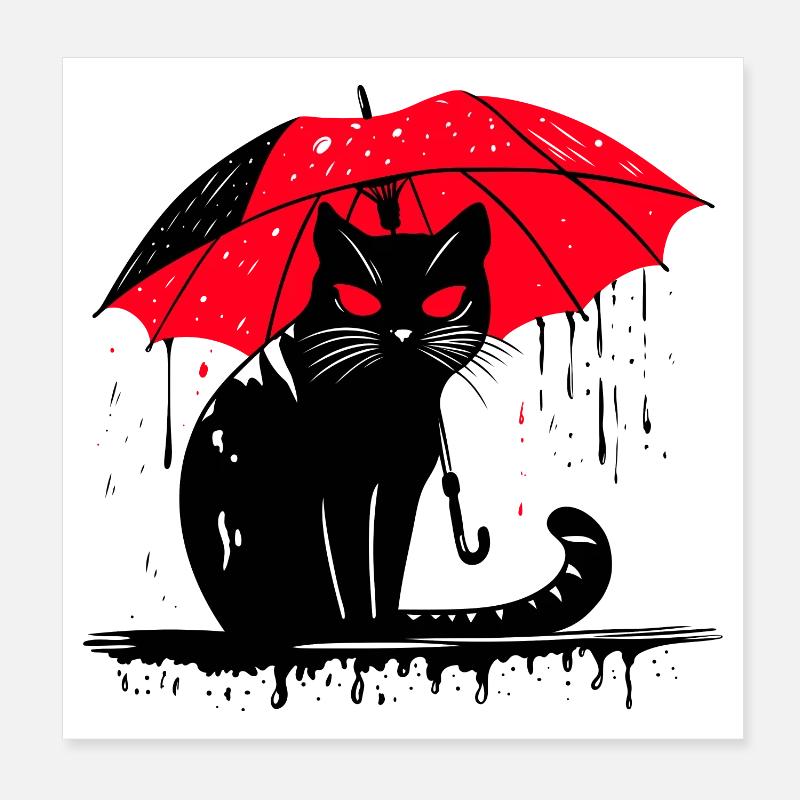 Chat avec parapluie – mauvais temps - Poster 20 x 20 cm - blanc