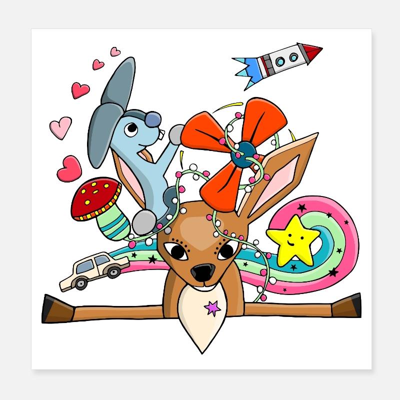 Süßes Reh, Hase Collage mit Regenbogen Poster 20x20 cm