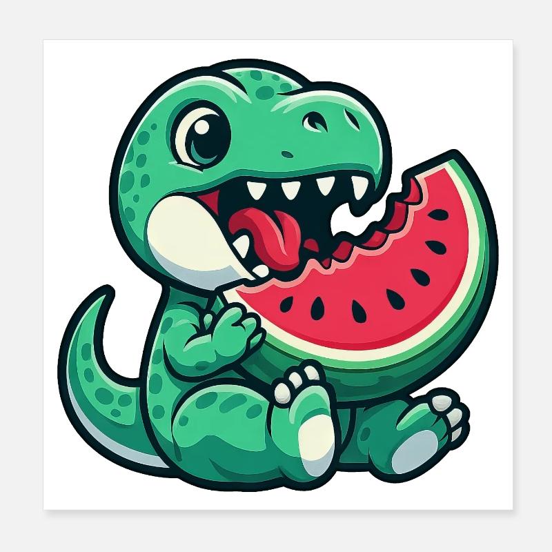 Dino T-Rex mit Wassermelone Sommerfrucht Spaß Poster 20x20 cm