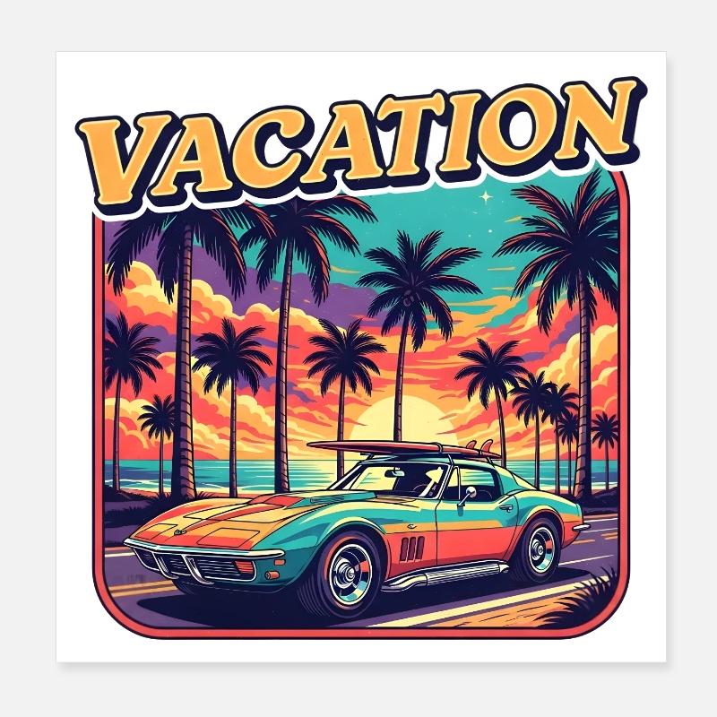 Voiture Classique au Coucher de Soleil Poster 20 x 20 cm