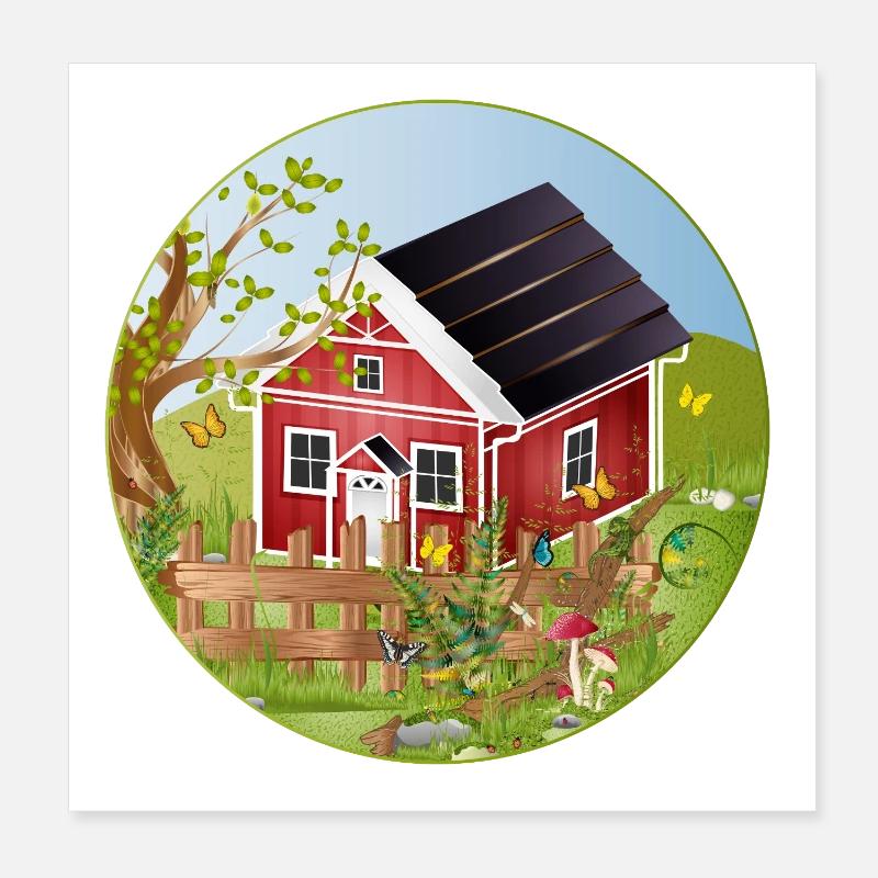 Kleines rotes Haus mit idyllischen Garten Poster 20x20 cm
