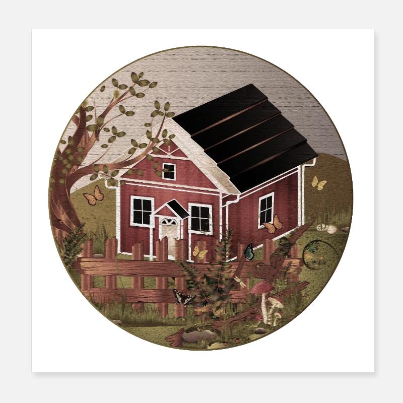 Kleines rotes Haus im Garten im Ölgemälde Stil Poster 20x20 cm