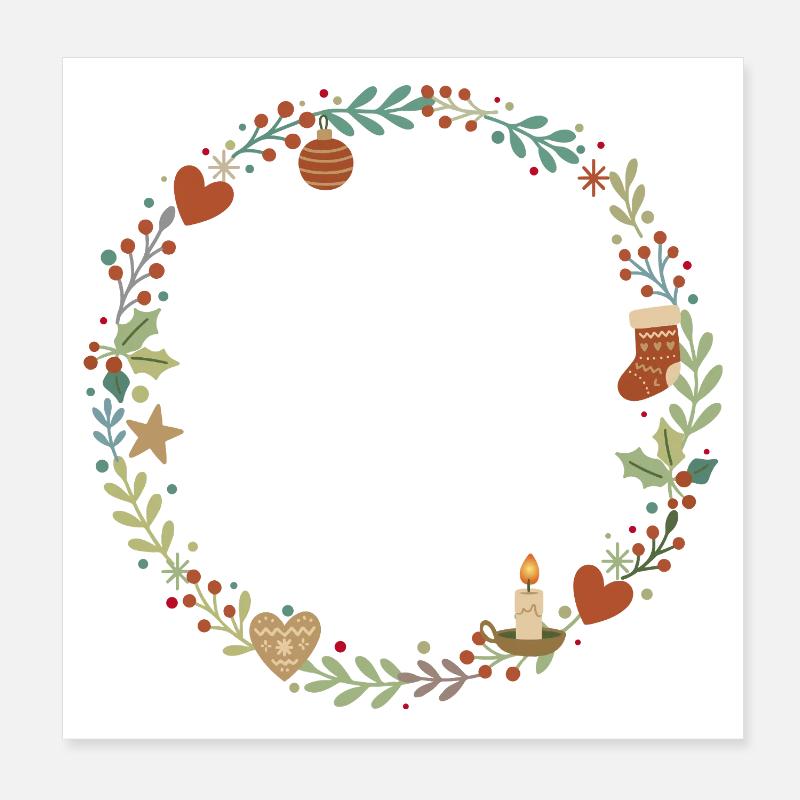 Couronne de feuilles de Noël illustrée avec décoration Poster 20 x 20 cm