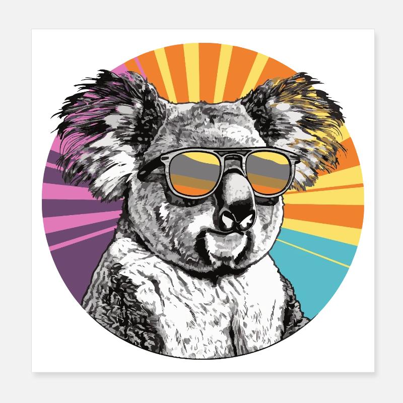 Koala mit Sonnenbrille im Retro Regenbogen Poster 20x20 cm