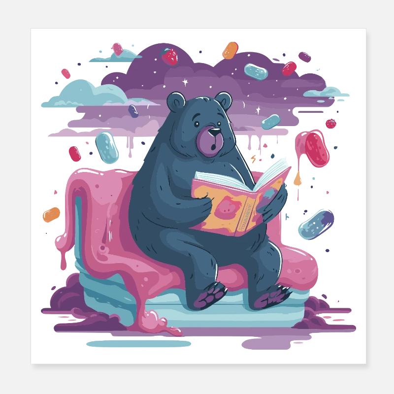 Lesender Bär im Candy-Traum Poster 20x20 cm