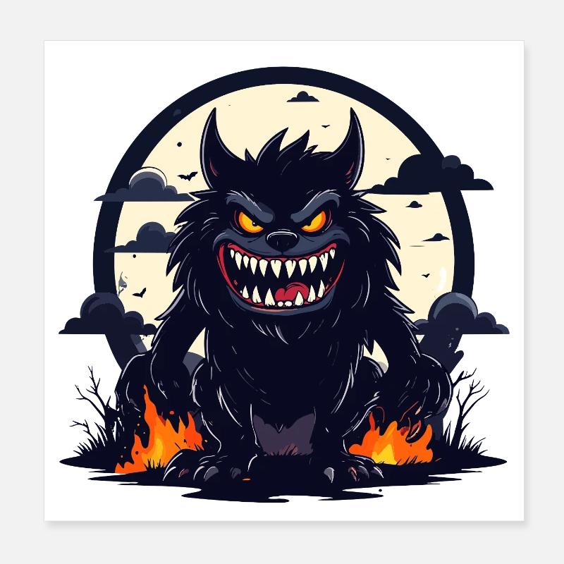 Moonlit Night Werewolf Monster with Fire Flames - Poster 8" x 8" (20x20 cm) - white
