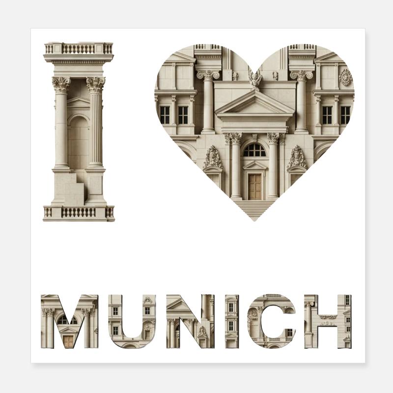 J’adore Munich – Architecture classique Amour Poster 20 x 20 cm