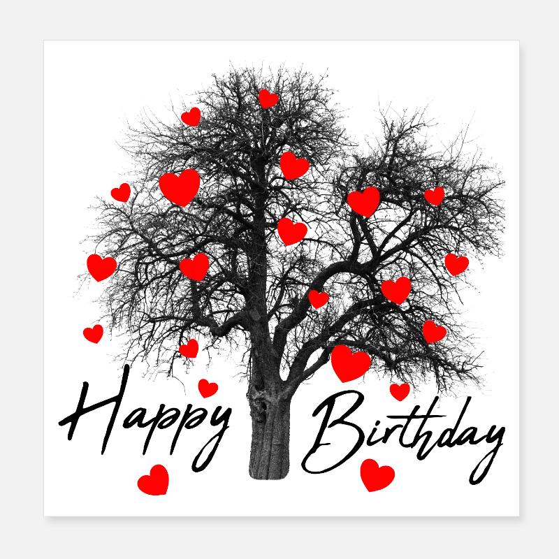 Red Hearts Tree Happy Birthday Poster 8" x 8" (20x20 cm)