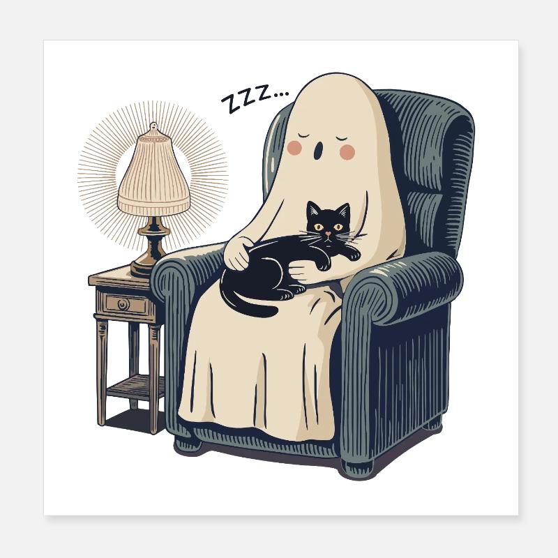 Void Cat Sleeping Ghost – Gemütliche, gruselige schwarze Katze Poster 20x20 cm