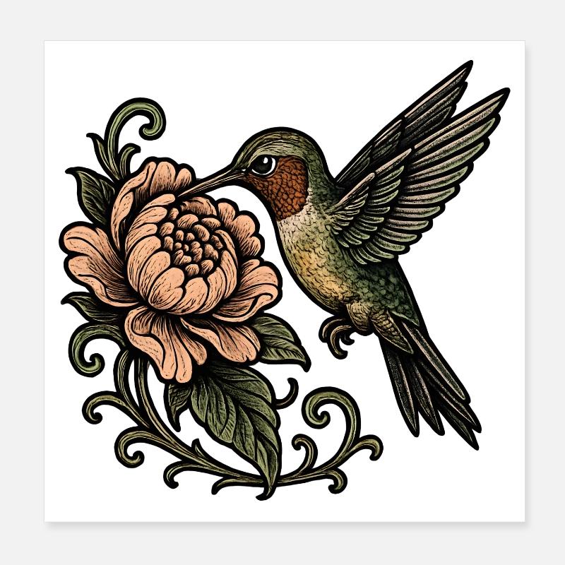 Colibri avec un tatouage vintage rose - Poster 20 x 20 cm - blanc