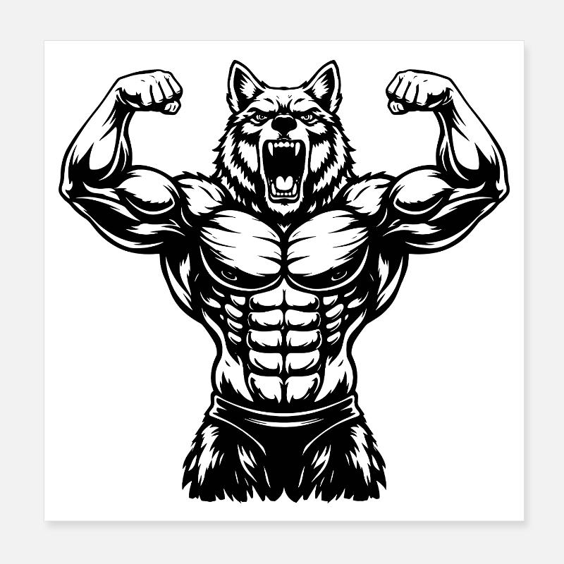 Muscular Wolf Bodybuilder Illustration Poster 8" x 8" (20x20 cm)