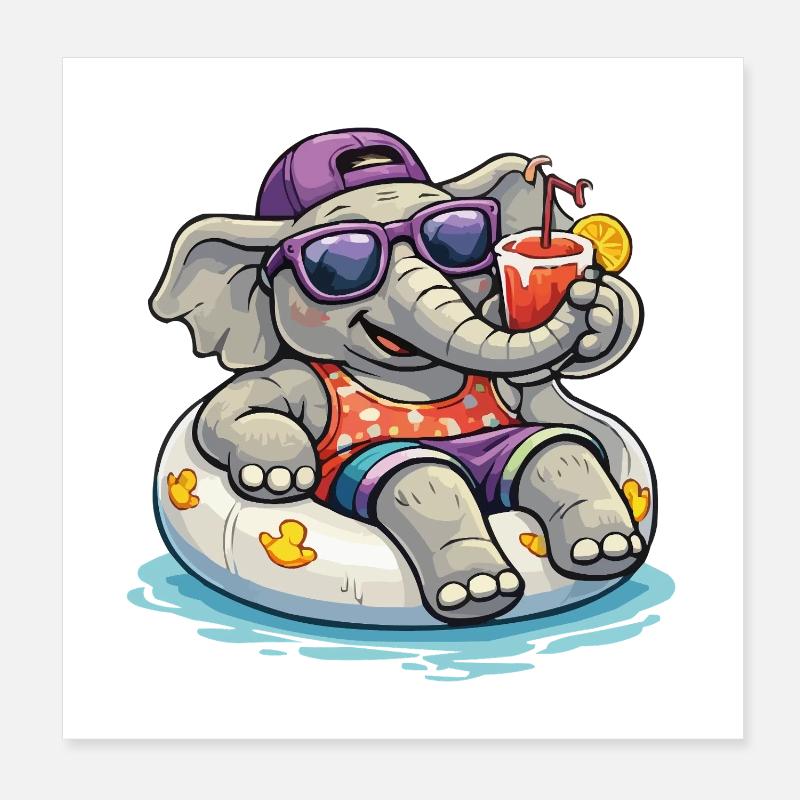BeachElephant with Drink Poster 8" x 8" (20x20 cm)
