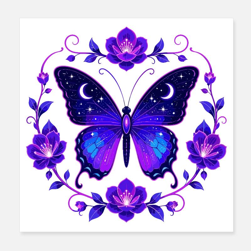 Papillon Étoile de la Nuit dans le Cercle de Fleurs Poster 20 x 20 cm