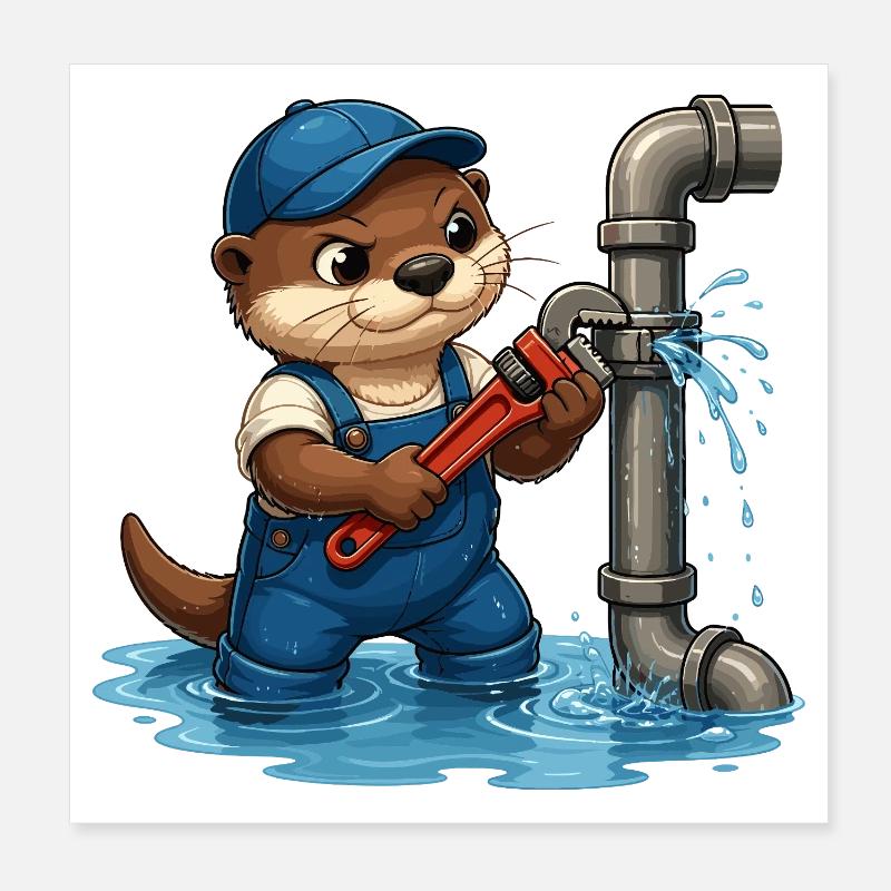 Plumber otter with pipe tool Poster 8" x 8" (20x20 cm)