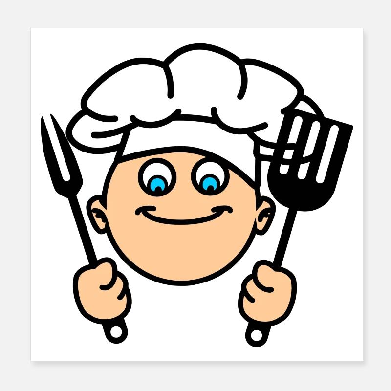 Cook of the BBQ with kitchen tools and chef's hat Poster 8" x 8" (20x20 cm)