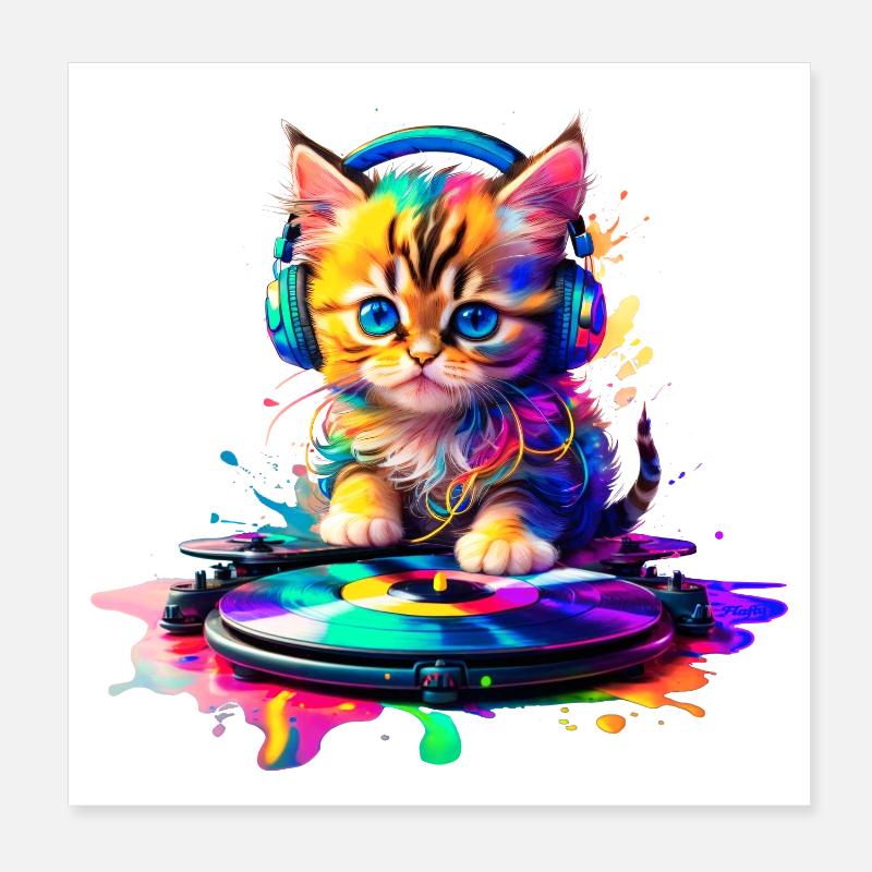 Chaton DJ - Arc-en-ciel 2 - Poster 20 x 20 cm - blanc