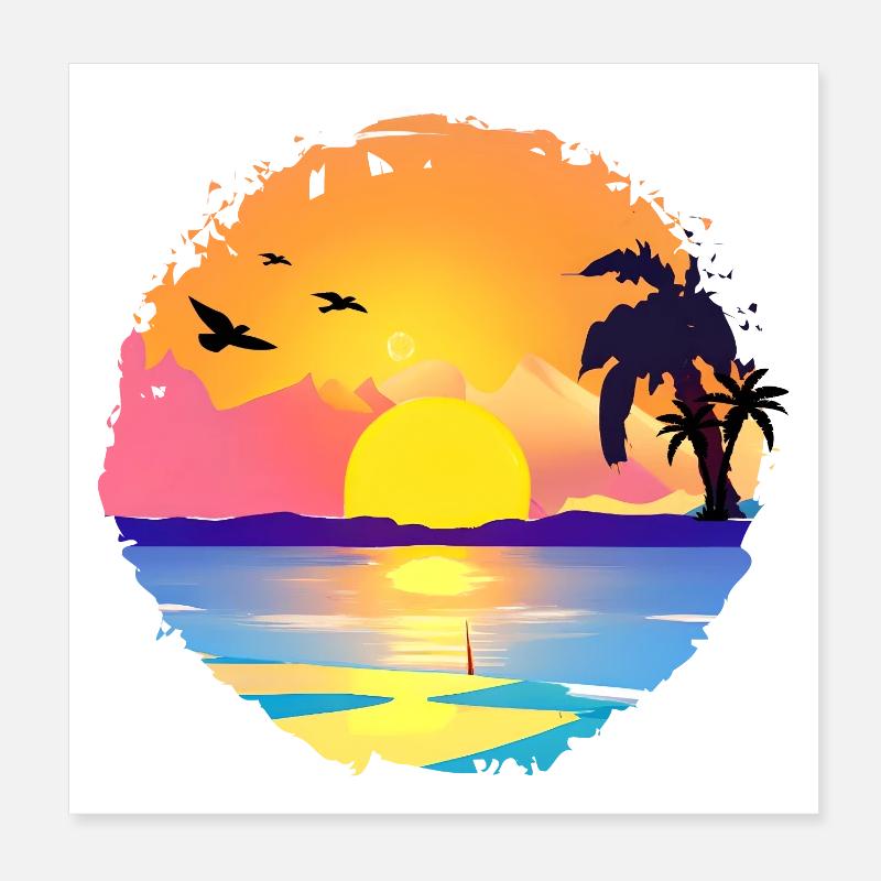 Aquarelle de plage de coucher de soleil d’été Poster 20 x 20 cm