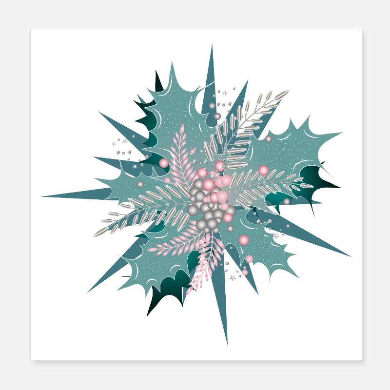 Holly branch in turquoise, silver and dusky pink Poster 8" x 8" (20x20 cm)
