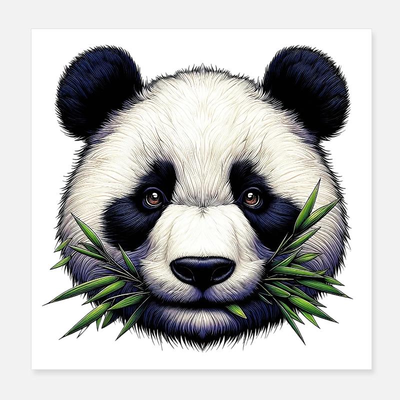 Panda Eats Bamboo and Leaves Poster 8" x 8" (20x20 cm)