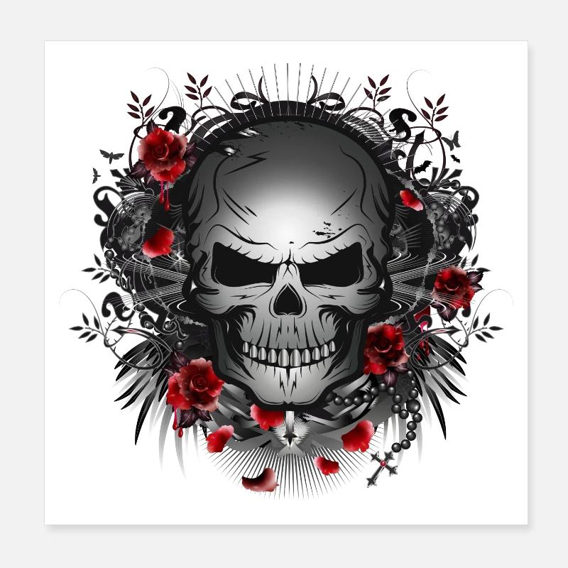 dark gothic skull with red roses Poster 8" x 8" (20x20 cm)