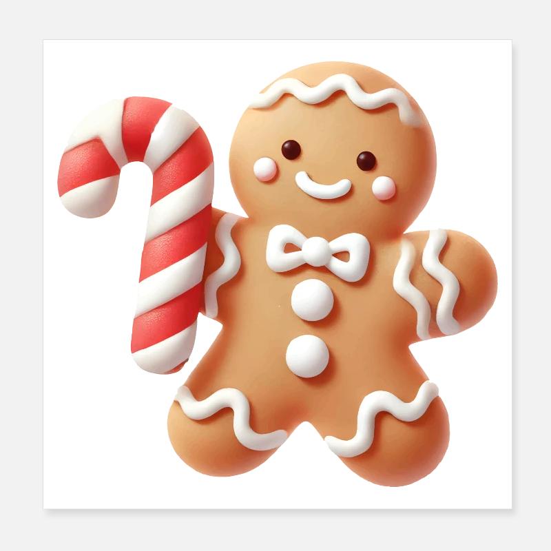 Cheerful gingerbread man with candy cane Poster 8" x 8" (20x20 cm)
