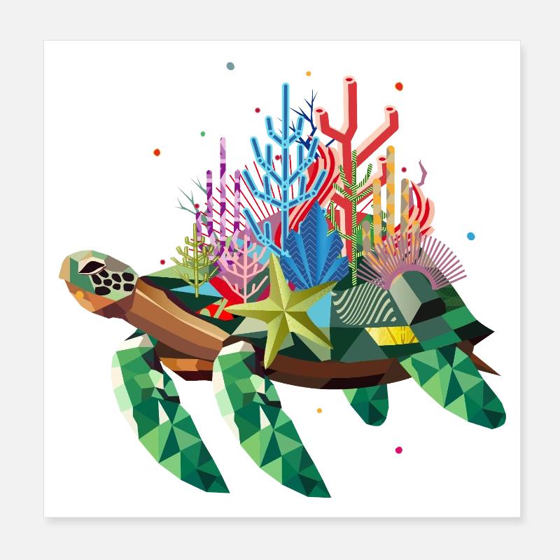 Tortue d’eau exotique colorée avec corail Poster 20 x 20 cm