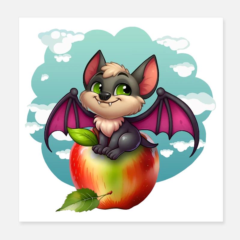 Cute Bat and Apple Fantasy Design Poster 8" x 8" (20x20 cm)