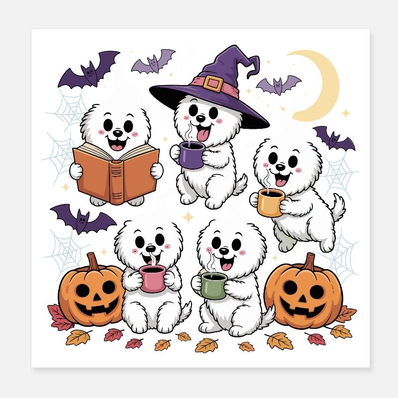 Dogs Reading Book Halloween Coffee Lovers Poster 8" x 8" (20x20 cm)