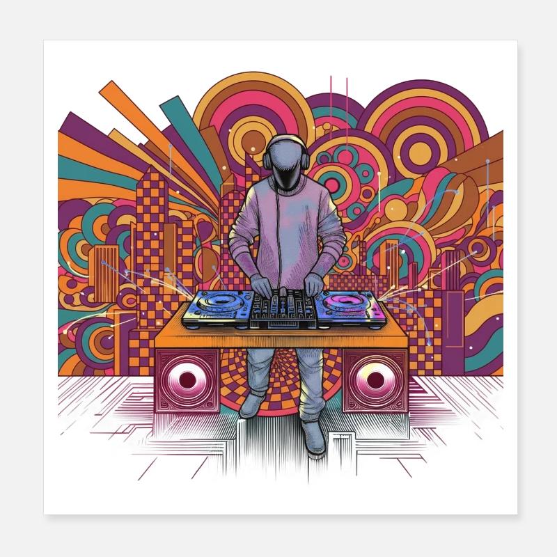 Futuristic DJ in a psychedelic background Poster 8" x 8" (20x20 cm)