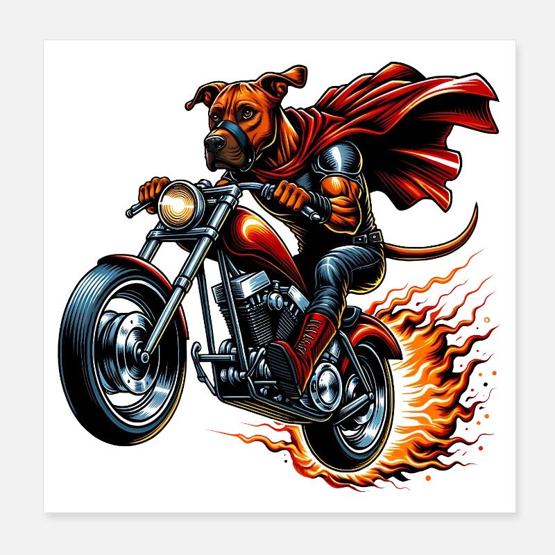 Superhero dog with cape on motorcycle with flames Poster 8" x 8" (20x20 cm)